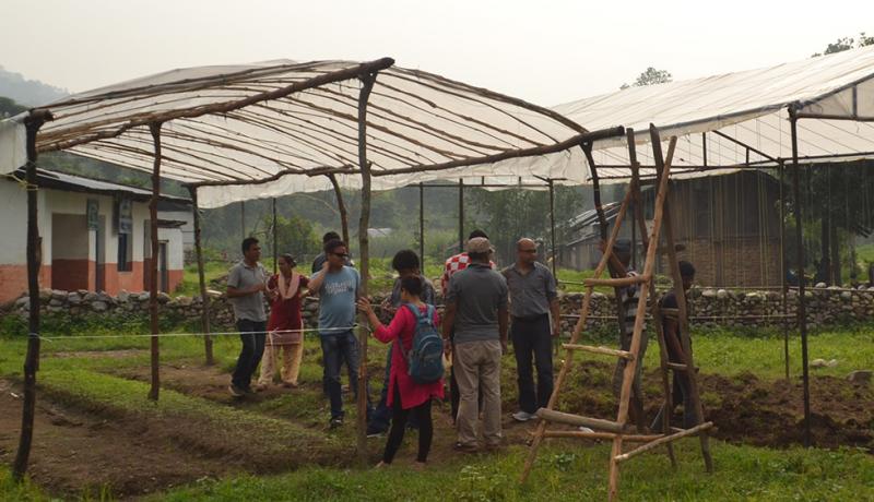 A photo of monitoring and evaluation specialist in an agricultural field in Nepal.