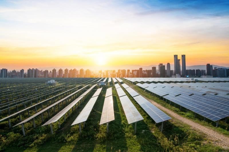 A photo of solar panels in a field on a sunny day with a city in the background.